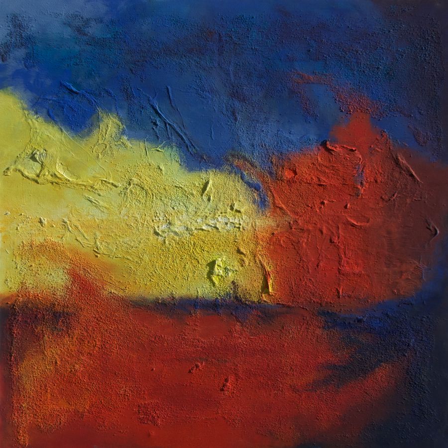 Elke Hoffmann: 21) Feuerschein und Wolke (100 x 100, Papier, Strukturpaste, Pigmente auf Leinwand)